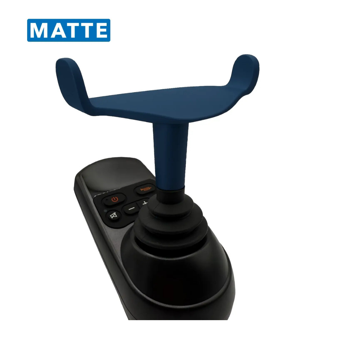The ComfyGo Ergonomic U-Shaped Joystick Handle with Flex Shaft features a unique blue matte finish, ergonomic design with two upward-curved arms on a black base with buttons. MATTE is shown in a blue box. Perfect for electric wheelchair accessories.